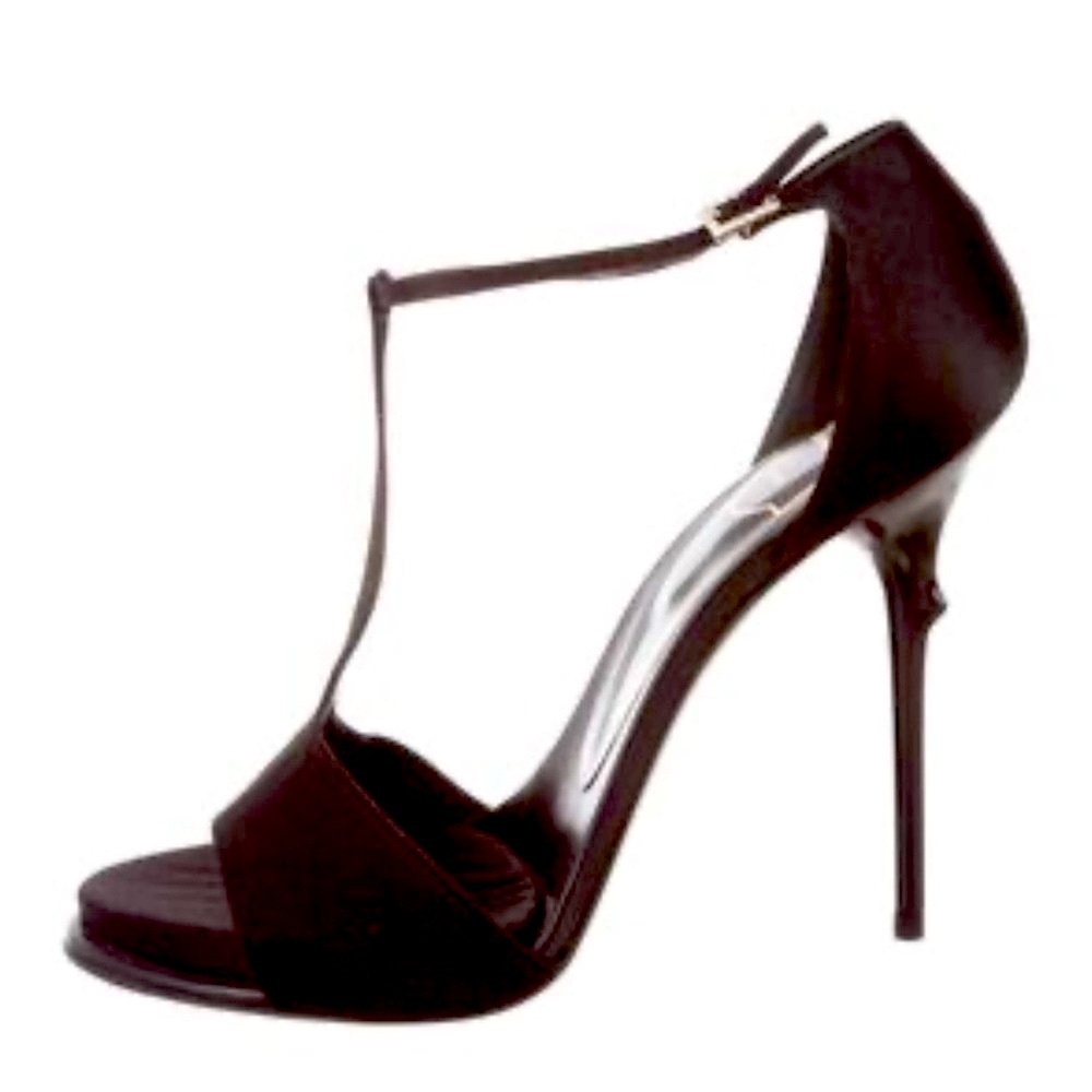 Roger Vivier Satin T-Strap Rhinestone Buckle Stiletto Heels